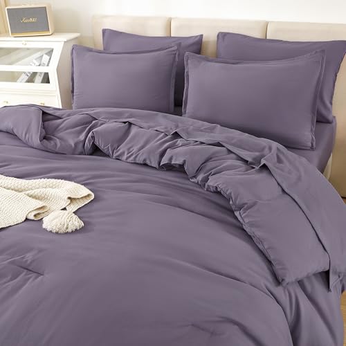 Litanika Queen Comforter Set Grey Purple - 7 Pieces Bed in a Bag Queen Bedding Comforter Sets, Solid Lightweight Bed Set with Comforter, Sheets, Pillowcases & Shams