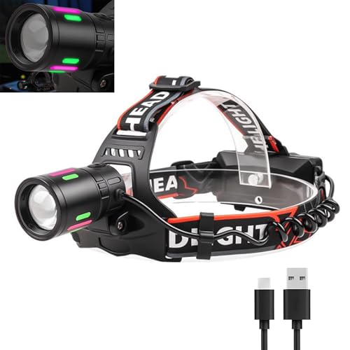Wrrozz Rechargeable Headlamp LED Head Lamp, Super Bright Zoomable Head Light with Taillight and Night Vision Functions, Headlamps Adults Forehead Flashlight Headlight for Running, Camping, Hiking