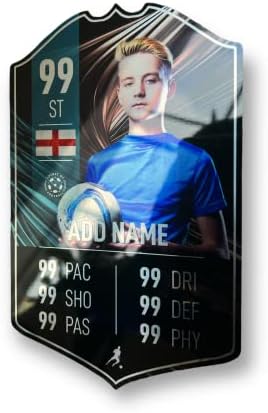 ShopQuality4U Mirror Finish Personalised Football Cup Player Stats Card Sign - Blue Background Printed Metal Shield Sign Wall Art A5 Player Add Name (12x20cm)