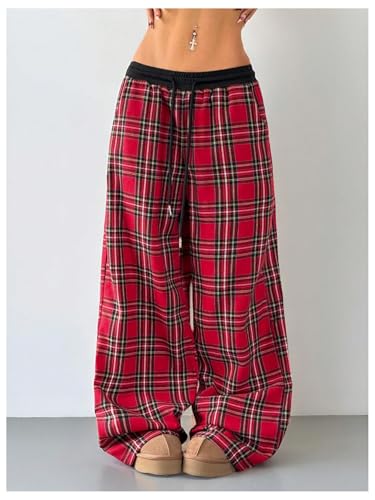 SHENHE Women's Wide Leg Baggy Plaid Pants Y2k Drawstring Low Rise Loose Lounge Trousers3
