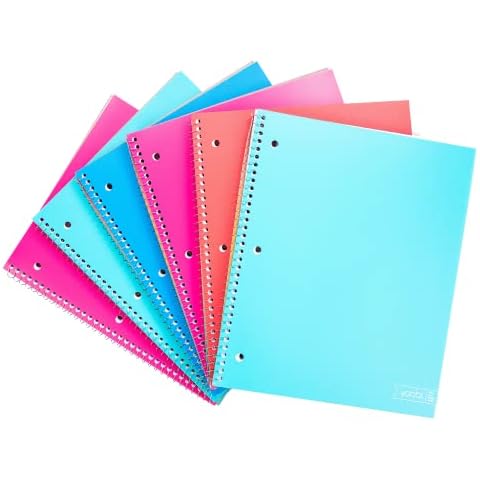 Yoobi 1 Subject Spiral Notebook Set, 8 x 10.5 Notebooks for Work or School with 100 Lined, College Ruled, Perforated Paper and Interior Pocket, Perfect for Note Taking, Journaling, To-Do List, 6 Pack Cover