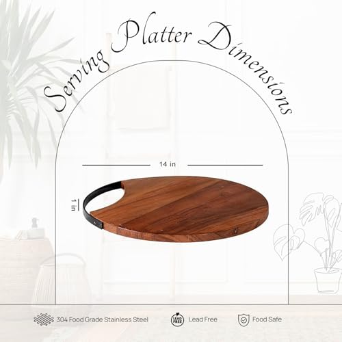 Image of nestroots Wooden Platter Serving Platter sizzler Plate for Snacks | 14 inches Round Brown platters for Snacks Serving Plates Wooden Tray with Black Iron Handle
