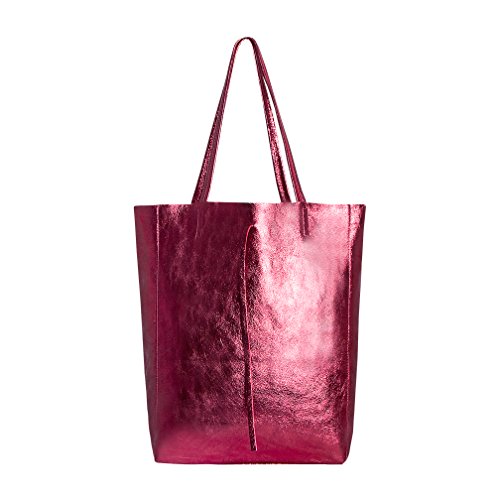 SKUTARI® LEDER Vittoria Brillante - Damen Shopper aus echtem Leder, glänzende Handtasche mit eingenähter Innentasche, handgefertigt MADE IN ITALY, Fashion Tragetasche, Beuteltasche, 37 x 38 x 14 cm Cover