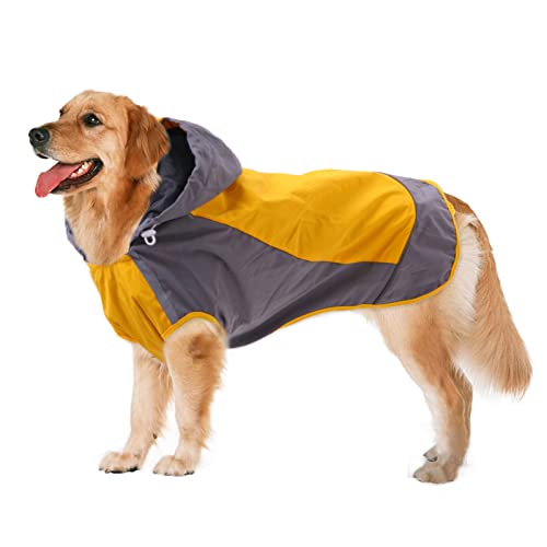 Hunde-Regenmantel mit Kapuze, tragbar, wasserdicht, mit reflektierenden Streifen für große/mittelgroße Hunde, Welpen im Freien, Gelb (7) Cover