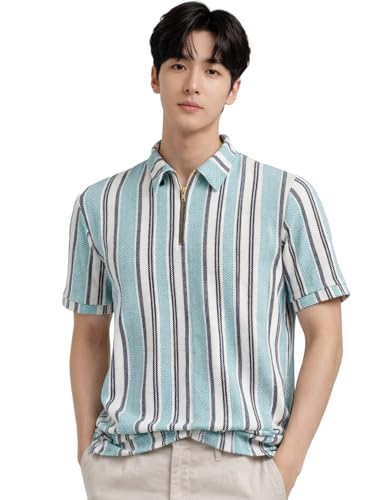 Image of London Hills Men's Loose Fit Half Sleeve Vertical Striped Polo T-Shirt with Zip Collar | Premium Polyester Fabric | T Shirt for Man | Tshirt | Shirts Men | Tshirt for Man | Men T-Shirts