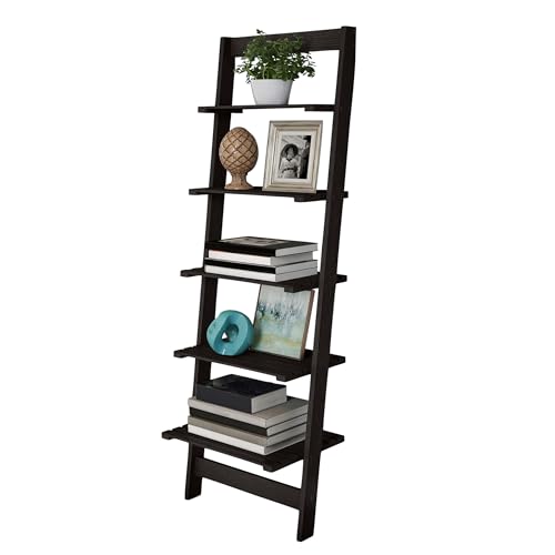5-Tier Ladder Shelf - 50-Inch Narrow Leaning Bookshelf - Wooden Bookcase for Living Room, Bathroom, Kitchen, Office, or Bedroom Furniture by Lavish Home (Black)