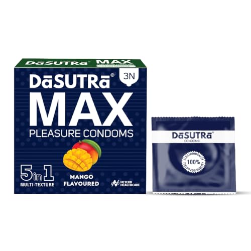 Image of Dasutra Max Pleasure Dotted Condoms For Men | 5 in 1 Multi-Textured Lubricated | Enhanced Pleasure For Both | 3 in Each Pack (Mango, Pack of 10)