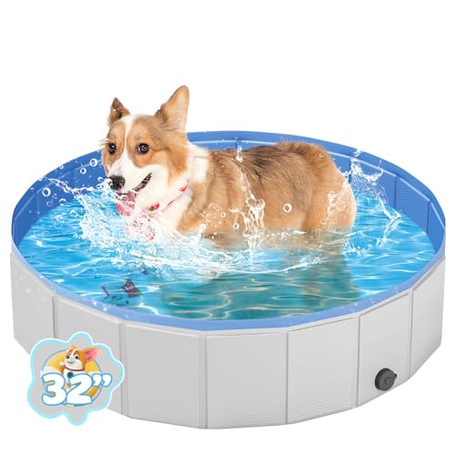 YSJILIDE Portable Dog Pool PVC Pet Swimming Pool Bathtub Collapsible Dog Pool, Hard Plastic Pool for Pets to Swim and Bath (S-32" x 8" Light Grey)