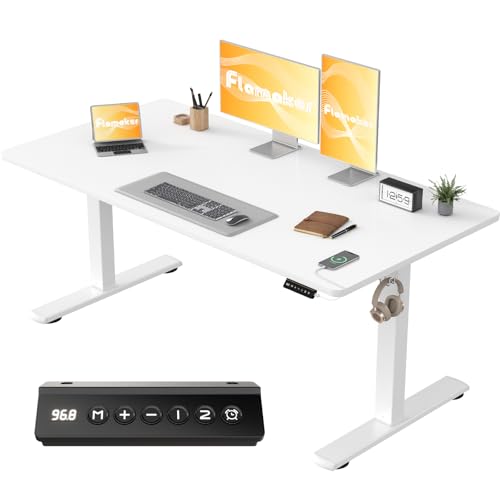 Flamaker Höhenverstellbarer Schreibtisch Ganze Tischplatte 140 x 60 cm, Schreibtisch Höhenverstellbar Elektrisch mit Memory Steuerung, Gaming Tisch mit Sitzende Erinnerung und USB-Aufladung (Weiß)