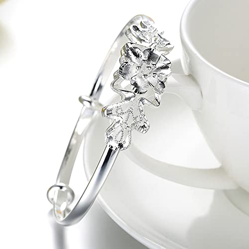 Bracelet argent 925 rétro à ouverture ajustable ornement motif fleurs classiques