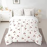 Feelyou Kids Red Cherry Bed in A Bag Twin Size, Cherry Pattern 7 Pieces Bedding Set Boys Girls Cute Fruit Comforter Set with Sheets Kawaii Cartoon Fruit Teens Bed Set Room Decor 7Pcs