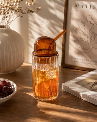 Image of Premium Ribbed Glass Tumbler with Glass Lid & Straw | Borosilicate Drinking Glass for Iced Coffee, Juice, Smoothies & Cold Beverages | Lightweight Aesthetic Glass Cup (Amber Tumbler)