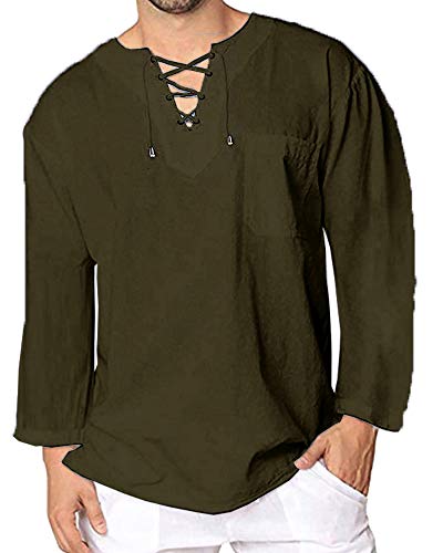 Mens Casual Long Sleeve T Shirt Cotton Yoga V Neck Hipster Beach Tees Plain Drawstring Tops Army Green