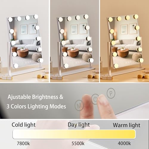HIEEY Hollywood Vanity Mirror with 12 Dimmable Bulbs, Triple Color Modes, 5X Magnification, Smart Touch, 360° Rotation (White, Gift Box)
