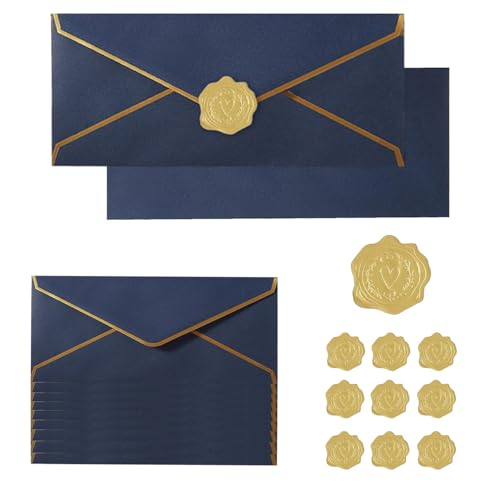TIHNY 10 Stück Einladungskuverts mit goldenen Stickern, V-Klappen-Umschläge für Briefe, ideal für Geschäft, Karten und Feiern, Dunkelblau, 9,49 x 4,13 Zoll
