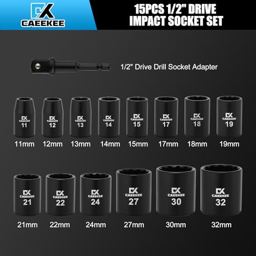 Image of 15PCS 1 /2 inch Drive Shallow 12-Point Impact Socket Set, Metric(11mm - 32mm), Cr-V Steel, Includes Drill Socket Adapter