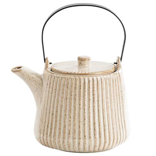 Image of Yundu Ceramic Teapots for Tea, 1000ml /33.8oz Tea Pot with Infusers for Loose Tea, Striped Tea Pot with Removable Tea Infuser - Reactive Cream