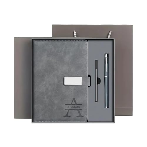 CRME A5 Lined Leather Journal and Pen Set Custom Notebooks Diary with Engraved Name Text Hardcover Notebook with Pen Ruled Journal Notebooks for Work,Writing,Travel,Note Taking,5.8 x 8.3 Inch,Grey