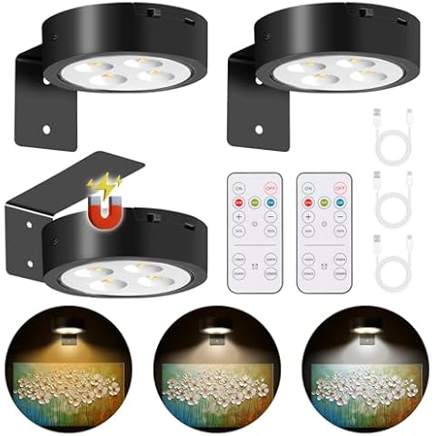 MIOBLUE 3Pack Rechargeable Battery Picture Light, Led Painting Light with Remote Control Dimmable and Timer, Magnetic Art Display Light 3 Lighting Modes for Paintings, Wireless Wall Decor Puck Light Cover