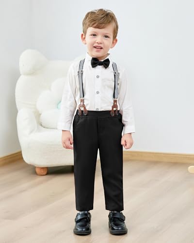 Image of YALLET Toddler Baby Boy Clothes Suit Gentleman Wedding Outfits, Formal Dress Shirt+Bowtie+Vest+Boutonniere+Suspender Pants