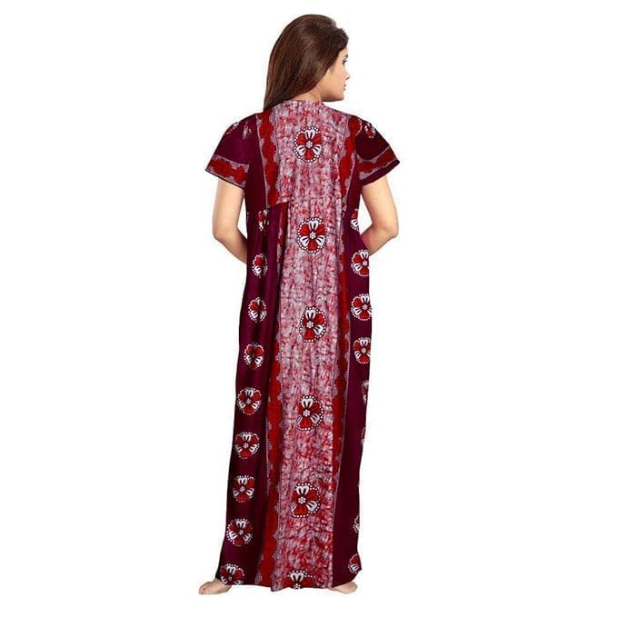 Image of NILOUFO Women's Cotton Printed Maxi Nighty - Pack of 2 | Soft Ankle-Length Sleepwear Gowns for Women | Free Size Night Dresses (Brown,Maroon, Free Size)