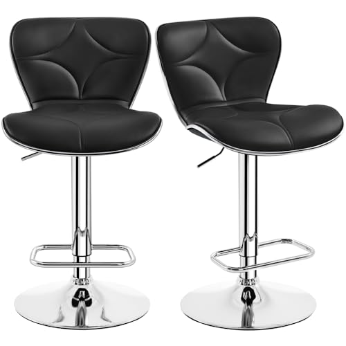 Yaheetech Juego de 2 Taburetes Altos de Bar Diseño Moderno de Cocina Altura Ajustable con Respaldo como Concha de Mar 360° Giratorio Negro