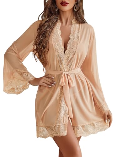 Image of Avidlove Women Lace Kimono Robe Babydoll Sexy Lingerie Mesh Chemise Nightgown Cover Up