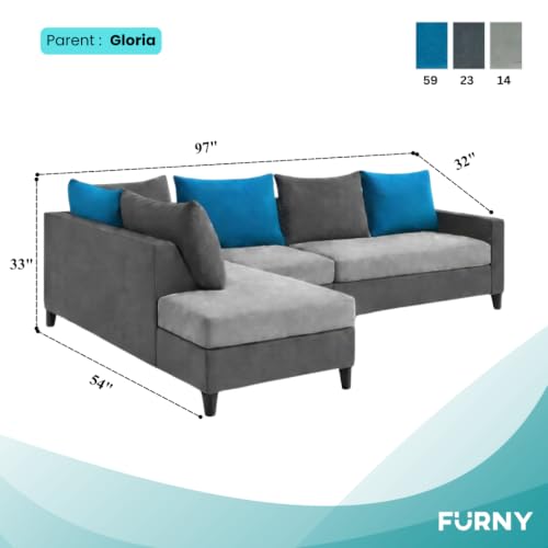 Image of FURNY Glory 6 Seater LHS Fabric Sofa Set (Dark Grey-Light Grey-Aqua Blue) with Velvet Finish | Durable Comfort | Ideal for Living Room | Breathable material