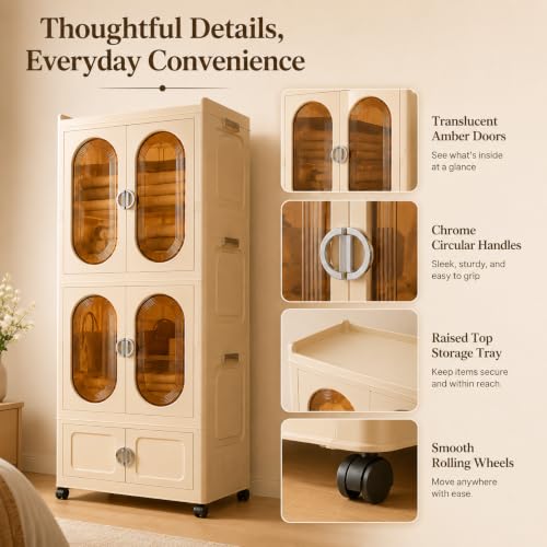 Image of KRISHYAM 3-Tier Plastic Storage Cabinet with Doors & Wheels, Translucent Amber Doors, Multipurpose Clothes Organizer for Bedroom & Home, 172 x 66 x 37 cm