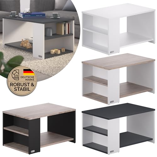 Casaria® Couchtisch Holz Weiß Eiche mit Stauraum 2 Fächer Wohnzimmertisch 90x60x50cm Kratzfest 50kg Belastbar Eckig Ablage Beistelltisch Sofa Couch