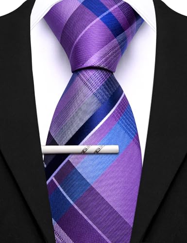 Image of Barry.Wang Plaid Ties Mens Silk Necktie and Tie Clip Checkered Tie for Wedding Party Business Formal