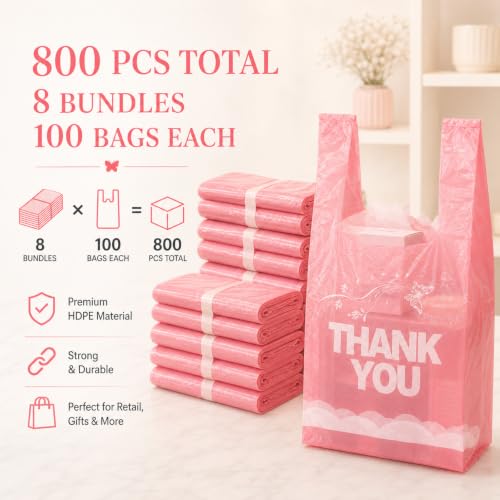 Image of YoYoRain 800 Count Pink Thank You T-Shirt Bags, 11 x 6 x 21 in