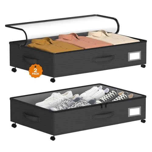 Megapuxin Under Bed Storage with Wheels 2-Pack, Under Bed Storage Containers, Underbed Box with Clear Lids, Rolling Underbed Storage bins for Shoes, Clothes, Blankets (25" L x 16.2" W x 5.5" H)