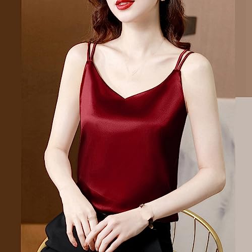 Camisola de mujer sin mangas holgada y chaleco de satén rojo con cuello en v