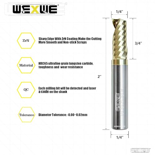 Image of Tools Solid Carbide CNC Spiral Single Flute End Mill -ZrN Coating for Acrylic Plate Aluminum, Wood, Plastic, Brass, Copper Cutting - 1 /4 Diameter 1 /4 inch