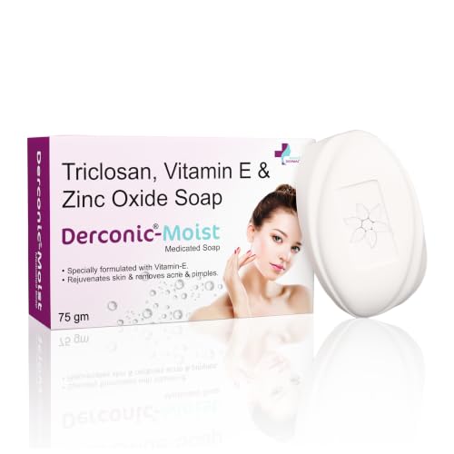 Image of Derconic Moist Antibacterial Soap with Triclosan, Vitamin E & Zinc Oxide | Acne & Pimple Removal Moisturizing Medicated Soap for Men & Women | 75 gm