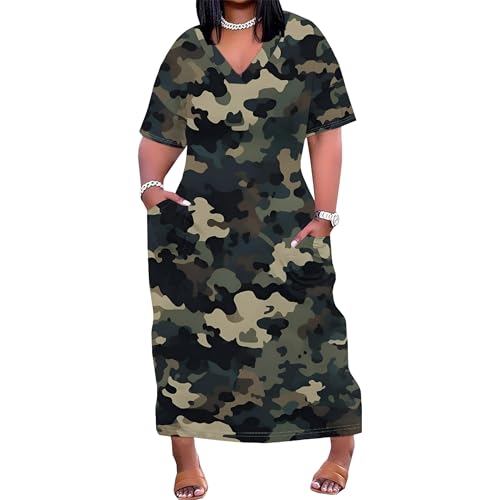 Qumaesl Plus Size Camouflage Tank Dress for Curvy Women T-Shirt Short Sleeve Maxi Dress with Pockets A Line Beach Resort Wear
