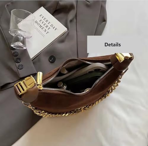 Image of Stylish Brown Suede and Leather Handbag with Gold Chain Handle