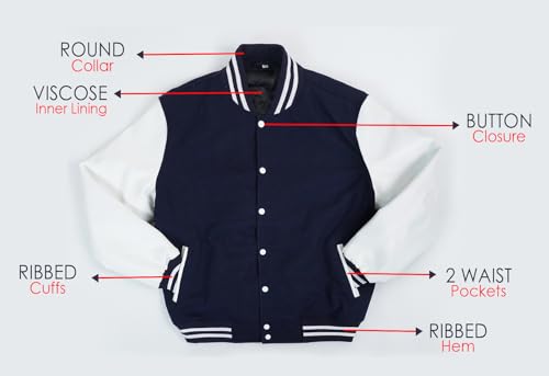 Image of Men's College High School Varsity Baseball Letterman Bomber Navy Blue & White Wool + Pu Leather Jacket