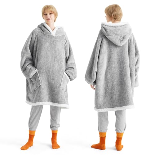 Bedsure Blanket Hoodie, Wearable Blanket for Adults & Kids as Gifts for Women Men, Birthday Gifts for Women Mom Girl Sherpa Oversized Hoodie, Concrete Grey, Small