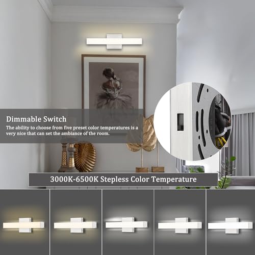 Image of Bathroom Vanity Light Brushed Nickel, 5CCT Black Wall Sconce,16 Inches Hardwired LED Light Fixtures, 16W Dimmable Wall Lamp Over Mirror, Modern Bar Lighting Fixtures for Living Room