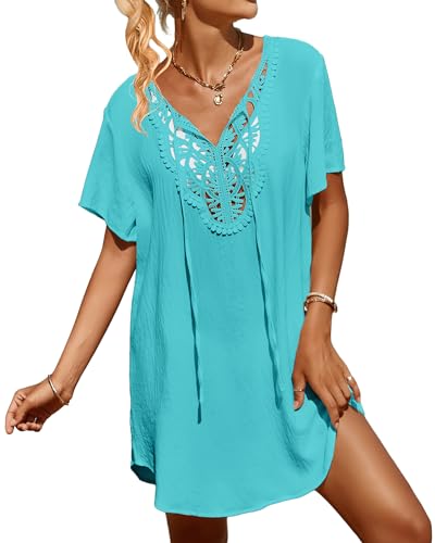 SimpleFun Womens Swimsuit Coverup Lace Crochet V Neck Bathing Suit Cover Up Dress Beach Cover Ups for Swimwear