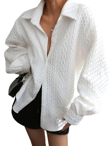 Fisoew Womens Oversized Button Down Shirts Textured Collared Long Sleeve Shacket Casual Fall Blouses Tops