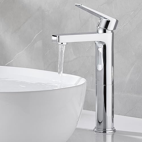 GRICOL Tall Bathroom Sink Tap Single Handle for Washbasin Brass Sink Mixer Cold and Hot Water Bathroom Tap Chrome Silver