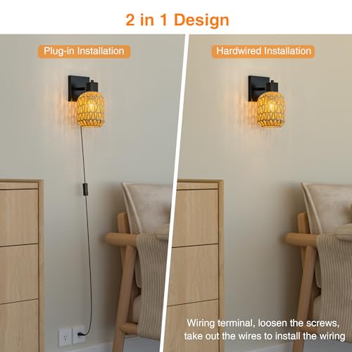 Image of CHICLUX Boho Rattan Plug in Wall Sconces, Farmhouse Wall Lamps Set of Two，Boho Rattan Sconces Wall Lighting Rustic with 330Adjustable Lampshade Suitable for Living Room, Hallway(Bulbs Not Included)