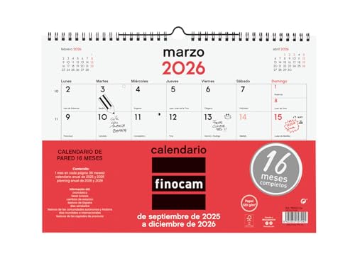 Finocam - Calendario Neutro Pared 16 Meses 2025 2026 Mes Vista Septiembre 2025 - Diciembre 2026 (16 meses) Neutro Español