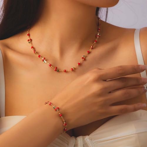 Image of Cherry Bracelet for Women Gold Evil Eye Link Bracelet Dainty Flower Daisy Bracelets Pearl Butterfly Heart Charm Bracelets Adjustable Summer Beach Jewelry