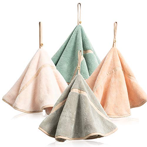 ANUBE Lot de 4 essuie-mains à suspendre avec boucle de suspension - Absorbants - En polaire corail - Doux et épais - Essuie-mains ronds (4 couleurs-A)