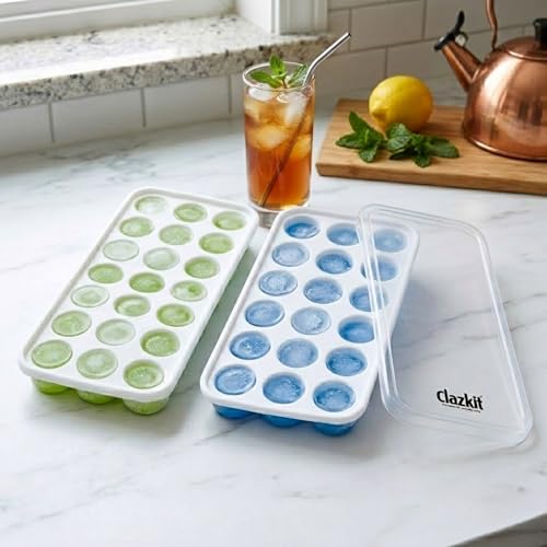 Image of Clazkit Silicone Ice Cube Tray with Lid (2 Pack, 21 Cavities Each) | Easy Pop-Out Round Ice Mold | BPA Free Flexible Ice Tray | Stackable Ice Cube Maker for Freezer, Whiskey, Cocktails, Juice