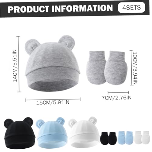 4 Set Baby Hats and Mittens, Soft Cotton Newborn Essentials Must Haves, Cute Infant Hats 0-3 Months for Boys, GirlsBaby and Mittens3